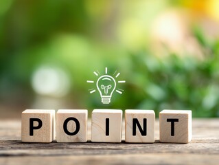 木製ブロックで並べたPOINTの文字と電球アイコンがひらめきを表現するビジネスイメージ