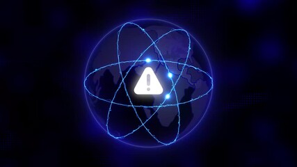 White Exclamation Mark in Triangle Icon Orbiting Glowing Earth Globe with Blue Atom Orbit Lines on Dark Abstract Background - Powered by Adobe