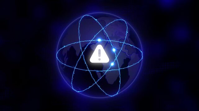 White Exclamation Mark in Triangle Icon Orbiting Glowing Earth Globe with Blue Atom Orbit Lines on Dark Abstract Background