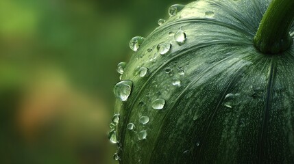 gourd. Morning dew drops on the curved surface of a round green gourd. gardening catalogs, home-decor guides, designed for home decor and floral branding, used by photographers.