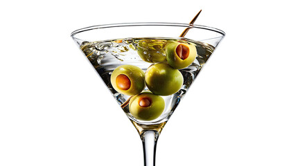 A chilled cocktail with green olives in a classic triangular glass, photographed on a dark background