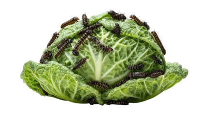 Close-up of a savoy cabbage covered with caterpillars, isolated on a black background
