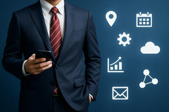 スマートフォンを持つスーツ姿のビジネスマンとクラウドやグラフなどのデジタルアイコンが浮かぶ未来的なビジネスイメージ - Powered by Adobe