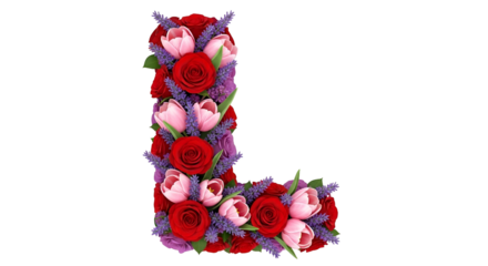 Letter L Made of Red Roses Pink Tulips and Purple Lavender Flowers on Transparent Background