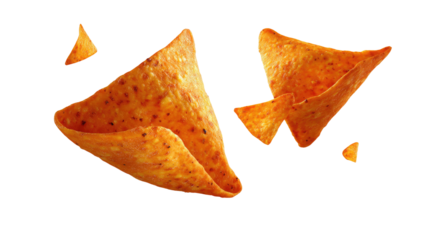 Isolated chips with a crispy, orange color, positioned in mid-air against a black background