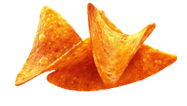 Close-up shot of several golden-orange, crispy tortilla chips overlapping, isolated on black