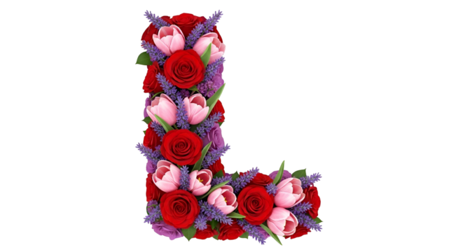 Letter L Made of Red Roses Pink Tulips and Purple Lavender Flowers on Transparent Background - Powered by Adobe