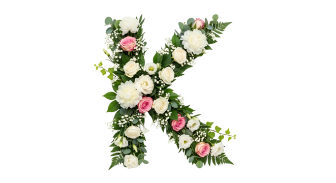 Floral Letter K Made of White and Pink Roses and Green Foliage on Transparent Background