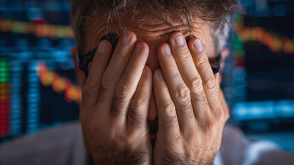 close-up of a man desperately covering his face in stock market 