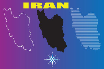 Iran map vector set. Collection of country shapes including outline, solid silhouette, dotted, and hatched line style.