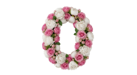Elegant Floral Number Zero Made of Pink and White Roses with Green Leaves on Transparent Background