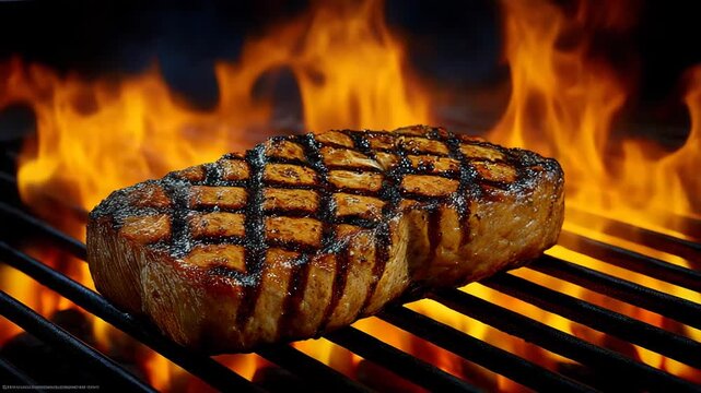 A juicy steak with a perfect grill pattern cooks on the grill against a bright backdrop of flames. Barbecue, summer dinner, delicious food.