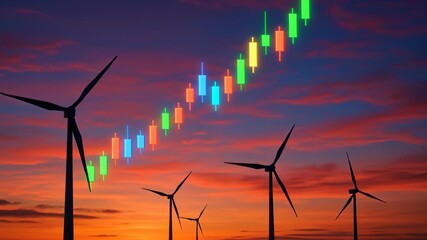 Renewable energy investment graph Vibrant Sunset with Wind Turbines and Colorful Candlestick Chart Symbolizing Growth and Renewable Energy Trends - Powered by Adobe