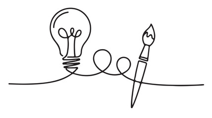 Continuous line drawing of a lightbulb and paintbrush symbolizing creativity and innovation