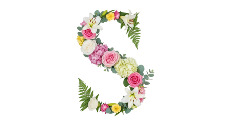 Letter S Made of Pink White and Yellow Flowers with Green Foliage on Transparent Background