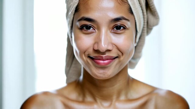 30 year old Asian woman in bathroom with a towel on her head. Skin care concept. Skin care routine in progress, woman with towel on head glows with healthy skin.