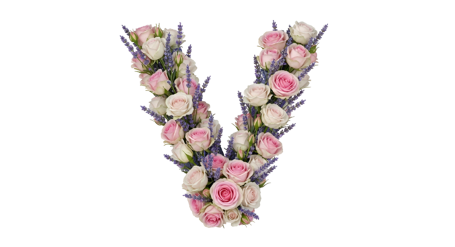 Flower Letter V Made of Pink and White Roses and Lavender on Transparent Background - Powered by Adobe