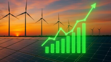 Renewable energy investment graph Glowing Green Graph Symbolizes Growth in Renewable Energy with Wind Turbines and Solar Panels Against Vibrant Sunset - Powered by Adobe