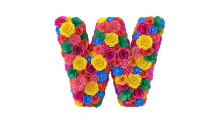 Colorful Floral Letter W on Transparent Background Brightly Decorated with Pink Yellow Blue and Green Flowers