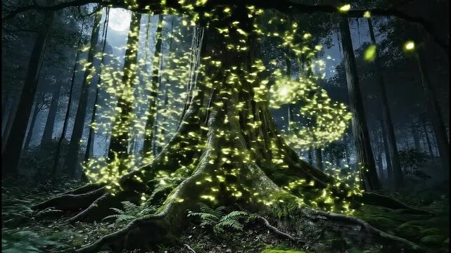 A magical tree in an enchanted forest transforms with a swarm of glowing fairies. Mystical animation of fireflies illuminating a giant tree at night