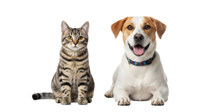 Close-up of a playful dog and a striped cat posing together in a studio with a clean white backdrop