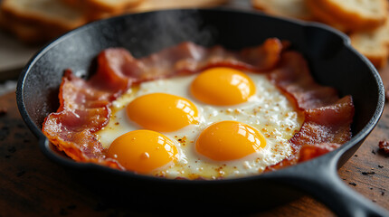 Close-up of sizzling fried eggs with crispy bacon strips cooking in a black cast-iron pan