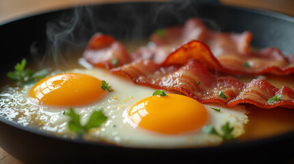 Close-up of sizzling fried eggs with crispy bacon strips cooking in a black cast-iron pan