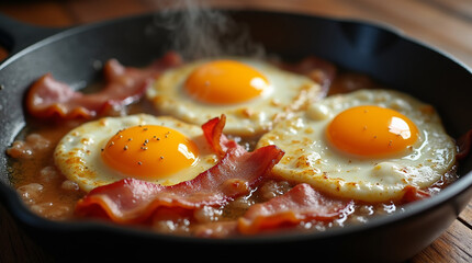 Close-up of sizzling fried eggs with crispy bacon strips cooking in a black cast-iron pan