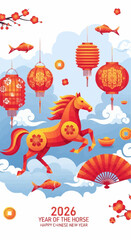 2026 Year of the Horse Chinese New Year Vector Illustration | Modern Geometric Asian Holiday Art,Chinese, NewYear, Horse, 2026, Zodiac, Vector, Illustration, Lantern, Festival, Asia, Culture, Modern,
