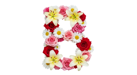 Letter B Made of Red Pink Roses White Lilies and Daisies on Transparent Background