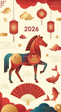 2026 Year of the Horse Chinese New Year Vector Illustration | Modern Geometric Asian Holiday Art,Chinese, NewYear, Horse, 2026, Zodiac, Vector, Illustration, Lantern, Festival, Asia, Culture, Modern,
