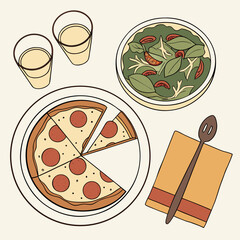 Vector art of pizza and salad dinner