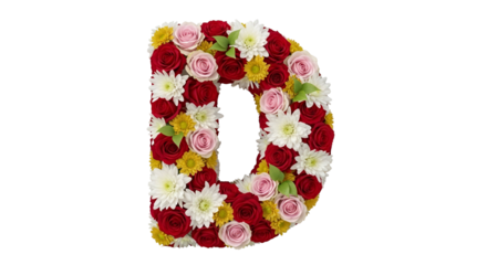Floral Letter D Made of Red Pink White and Yellow Roses and Daisies on Transparent Background