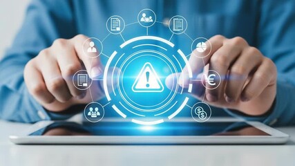 Business person interacting with a digital interface showing risk management icons - Powered by Adobe