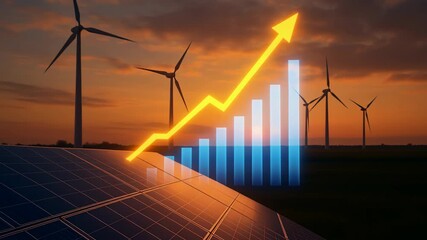 Renewable energy investment graph Vibrant sunset highlights wind turbines and solar panels, showcasing growth renewable energy and sustainability - Powered by Adobe