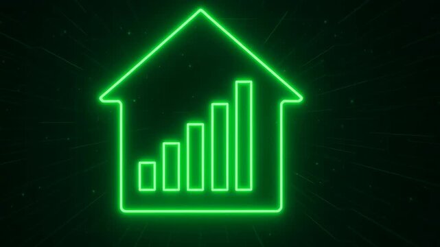 Renewable energy investment graph Neon Green House Icon with Bar Graph Symbolizes Growth and Success Real Estate Market Trends Against Dark Background - Powered by Adobe