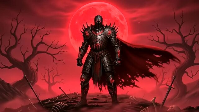 Dark Fantasy Knight Standing Under a Blood Red Moon.