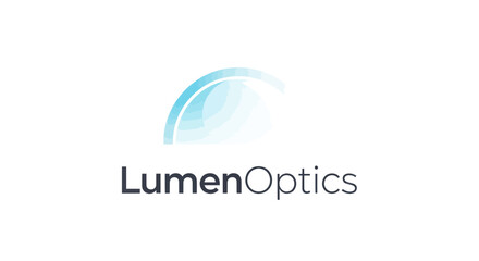 Lumen Optics logo design featuring a stylized blue arc and modern typography.