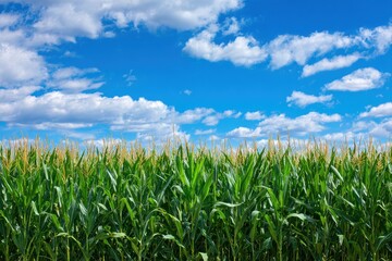 Iowa Corn Field under Blue Sky with White Clouds. Summer Agricultural Scene with Green Stalks and Cobs