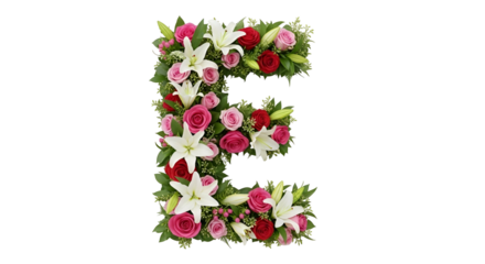 Decorative Letter E Made of Pink White and Red Flowers on Transparent Background