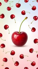 A vibrant cherry surrounded by a cascade of smaller cherries.