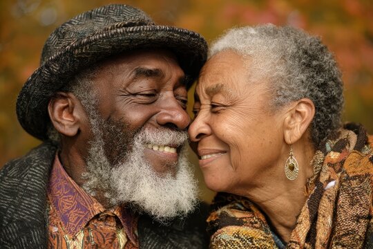 Interracial Senior Couple Storytelling. Affectionate African American Elderly Couple Dating in Autumn