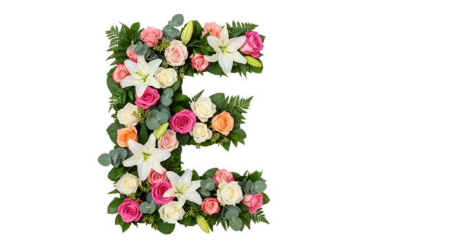 Letter E Made of Bright Flower Arrangement with Roses and Lilies on Transparent Background