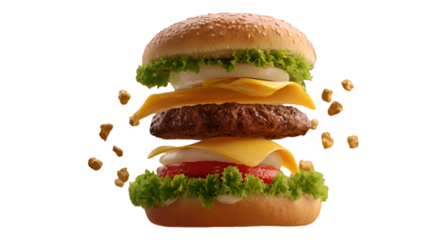 A deconstructed burger floats with flying snack bites.