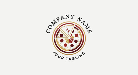 Vintage style pizzeria logo with a sliced pepperoni pizza.