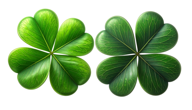 Lucky four-leaf clover duo for St. Patrick’s Day and nature branding, isolated on transparent background