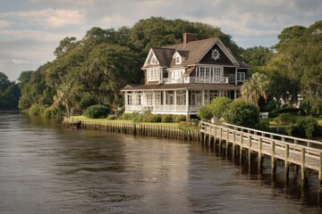 Obraz premium Jacksonville House. Residential Architecture in Suburb Setting Near River and Pier