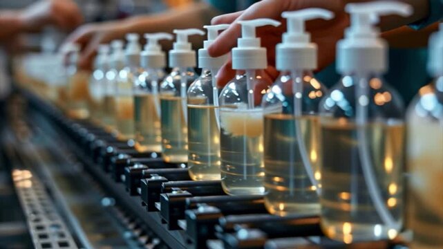 Workers are aligning and filling bottles with liquid soap in a factory. The atmosphere is busy as the production process approaches completion, showcasing teamwork and efficiency