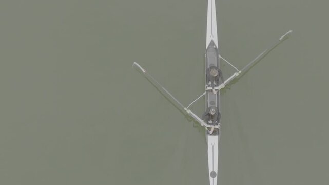 Two athletes rowing a sculling boat on calm water, teamwork and endurance in competitive sport. Practicing sport rowing. Rowers in a racing boat row in slow motion video. ProRes 422 10 bit DJI D-Log.