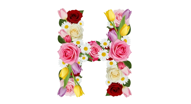 Flower Letter H Made of Pink White Red Yellow and Purple Tulips Roses and Daisies on Transparent Background